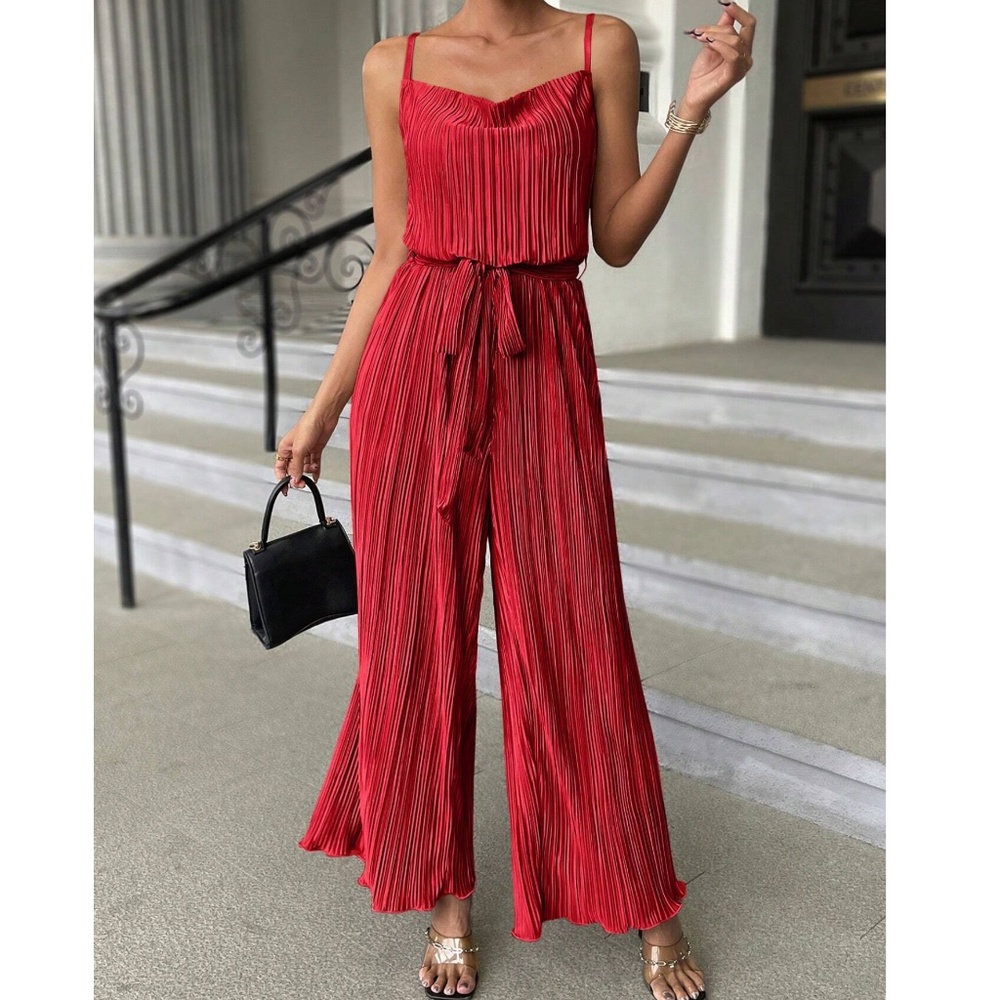 Luxe Dark Green Pleated Belted Wide Leg Cami Jumpsuit - Picture 6 of 7